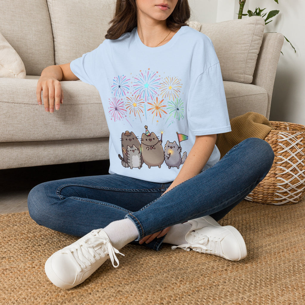 Cute Cat Fireworks T-Shirt — Pusheen Party Graphic Tee