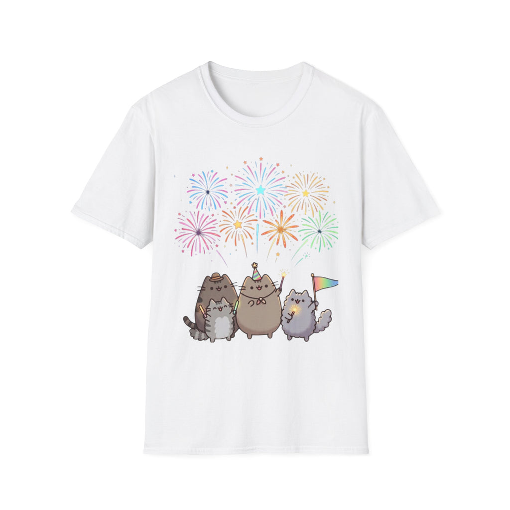 Cute Cat Fireworks T-Shirt — Pusheen Party Graphic Tee