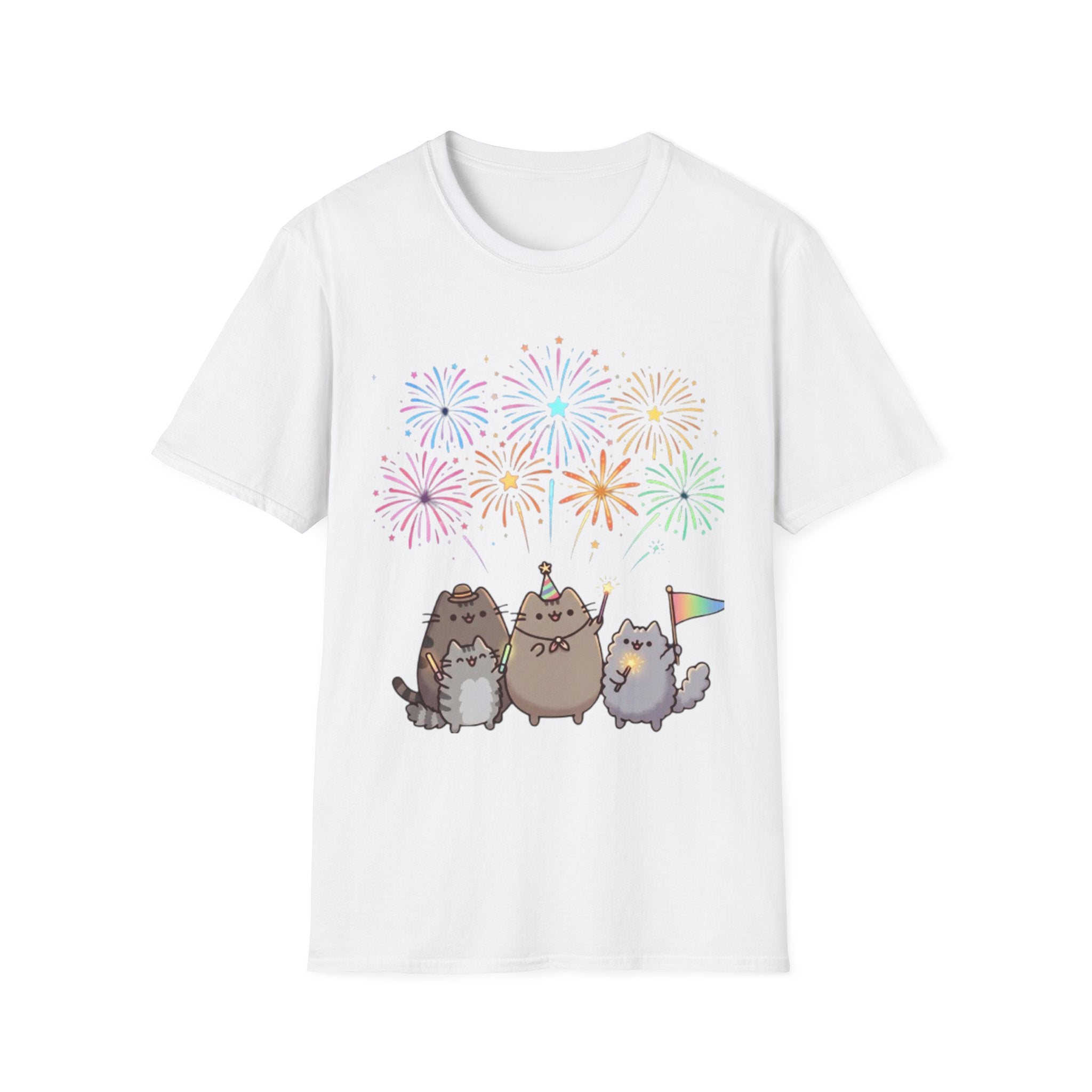 Cute Cat Fireworks T-Shirt — Pusheen Party Graphic Tee