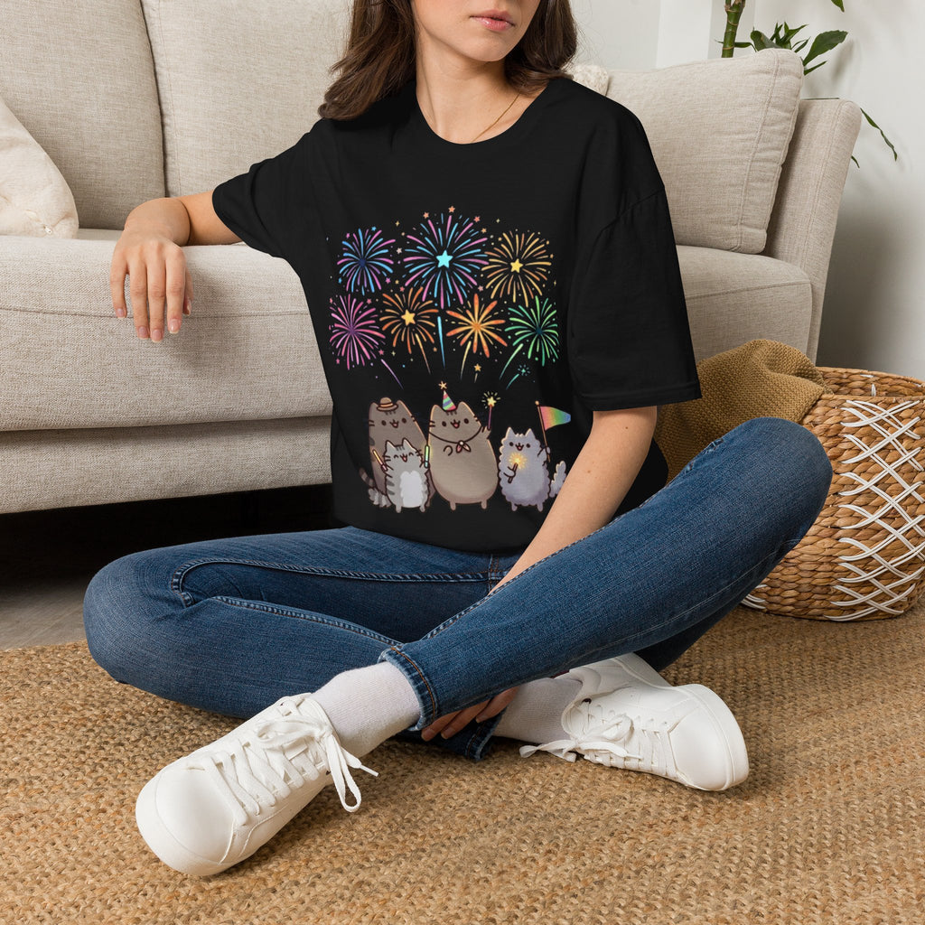 Cute Cat Fireworks T-Shirt — Pusheen Party Graphic Tee