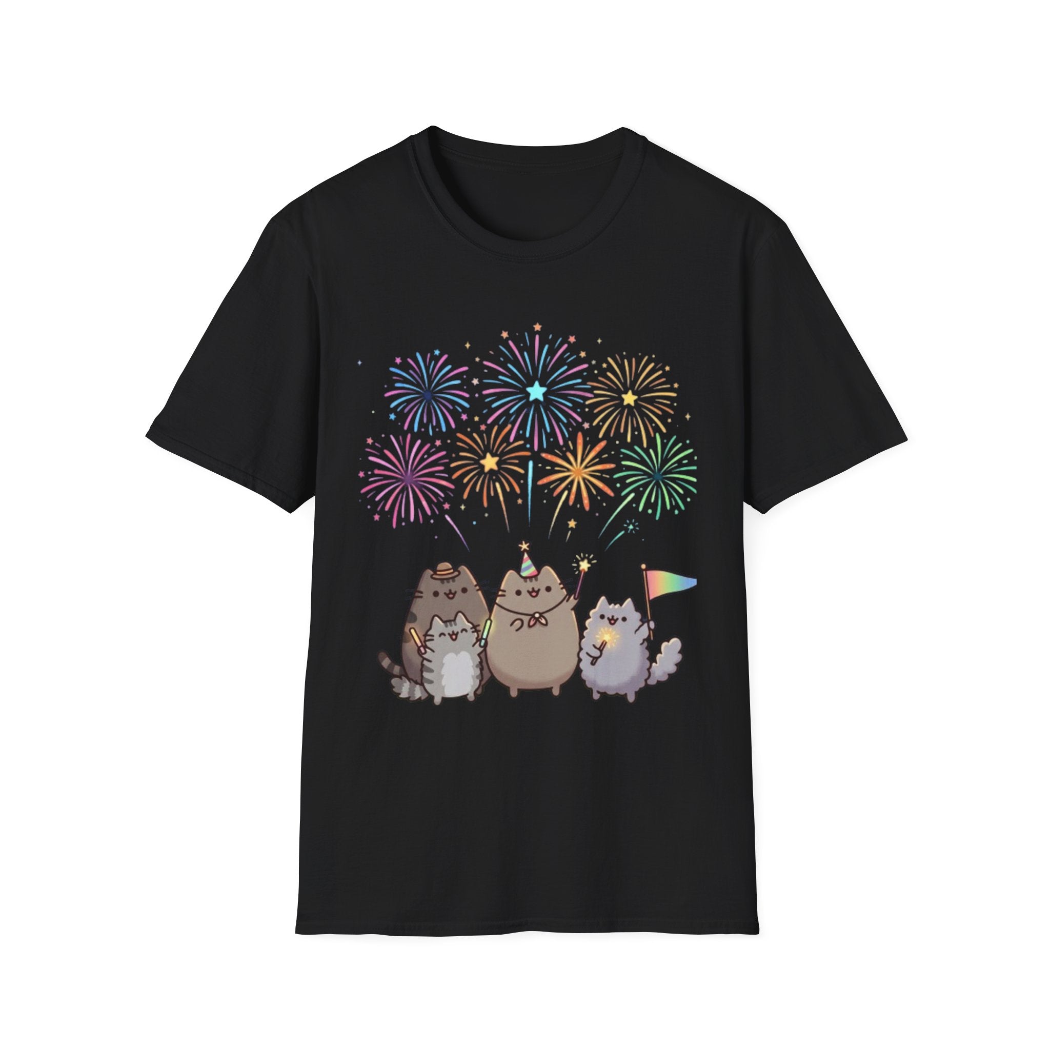 Cute Cat Fireworks T-Shirt — Pusheen Party Graphic Tee