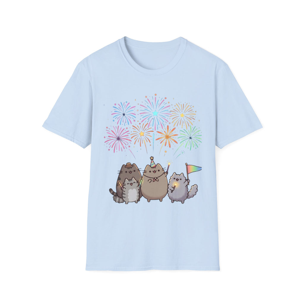 Cute Cat Fireworks T-Shirt — Pusheen Party Graphic Tee
