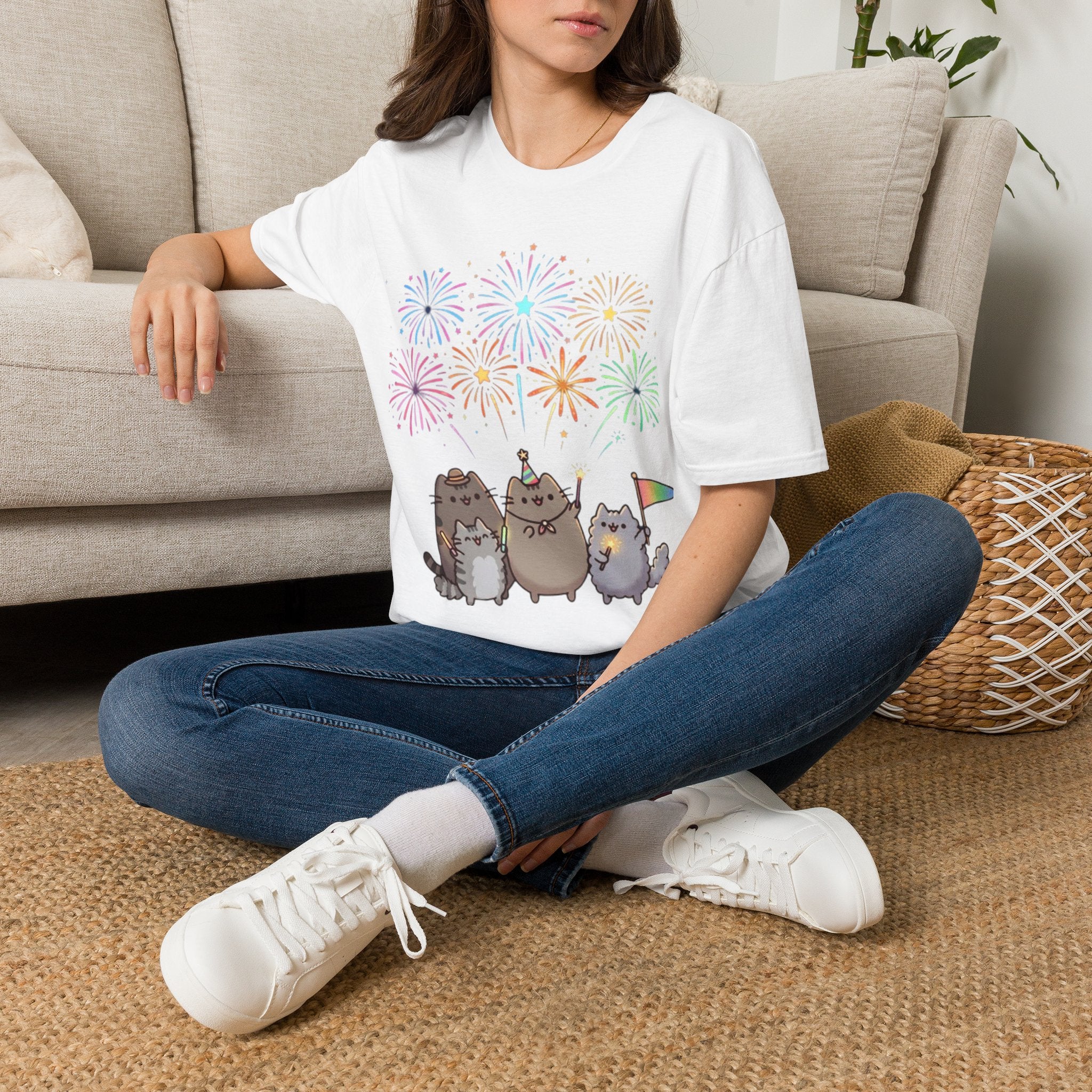 Cute Cat Fireworks T-Shirt — Pusheen Party Graphic Tee